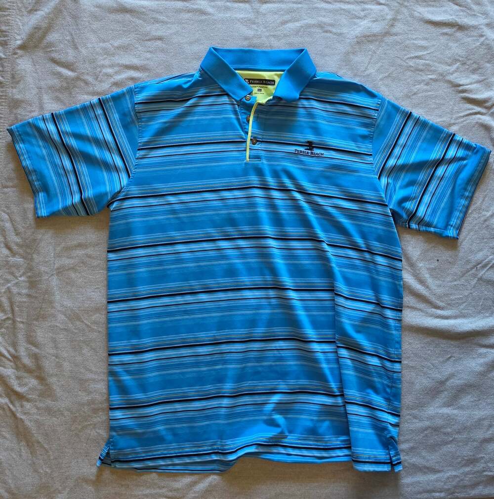 Pebble Beach Dry Luxe Golf Polo Shirt Men XXL Blue Stripe Lime Green Performance